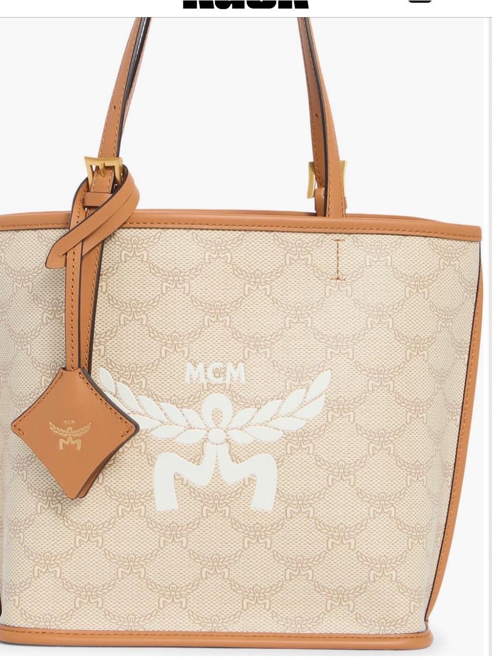 MCM Beige Canvas Tote with Cognac Leather Trim and White Logo